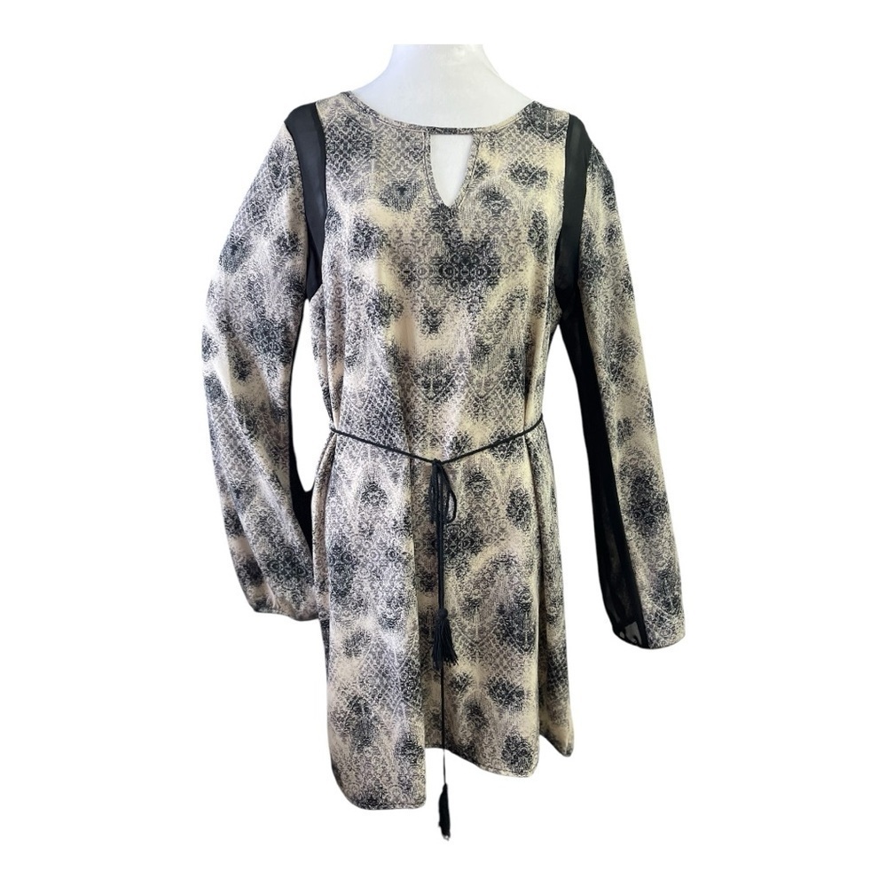 Millibon Animal Print Sheer Long Sleeves Tie Waist Tassel Belt  Mini Dress Small